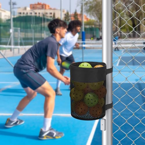 Pickleball Ball Holder Foldable Storage Mesh Bag for Pickleball Net Post, Large Storage Hanging Bag with Strap for Holding 18 Balls