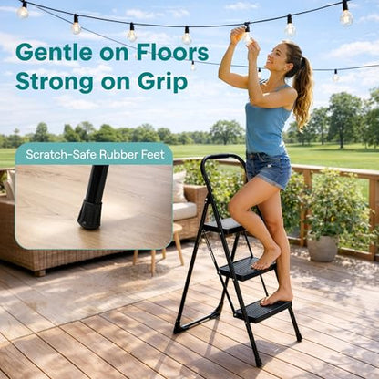 SereneLife 3-Step Ladder, Folding Step Stool for Adults, Wide Anti-Slip Pedal and Handrail, Sturdy Steel Build, 570 lbs Capacity, Portable Step Stool Ladder for Home and Office Use (Black) - size: 3 Step