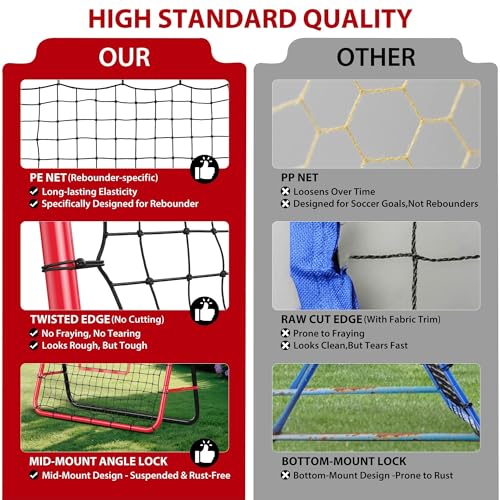 Rebounder Net with Quick-Switch Angle, Soccer/Baseball/Volleyball Pitchback Trainer for Control & Passing Practice, Easy Setup Great Gift for Kids, Teens & Adults