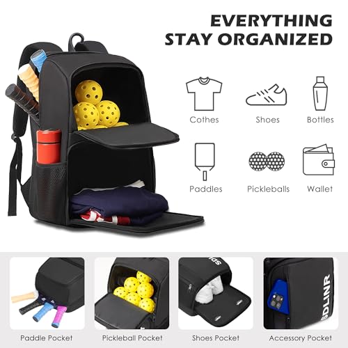 SDLINR Pickleball Bag Fits 4+ Paddles, Large Pickleball Backpack with Shoe Compartment and Fence Hook,Pickleball Gifts for Men Women - color: Black