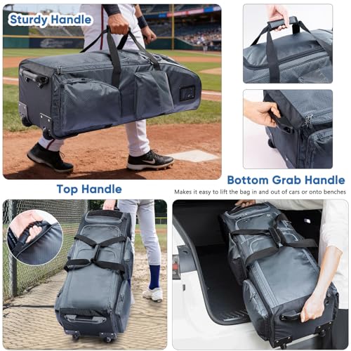 Rolling Baseball Bat Bag with Wheels, Large Capacity Gear Bag Holds 4 Bats, Reinforced Hard Base & Structured Back Panel, Top & Bottom Grab Handles, Shoe & Helmet Compartments for Youth &Adult Players - color: Grey