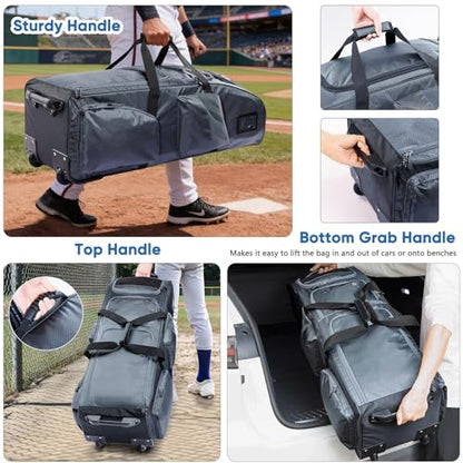 Rolling Baseball Bat Bag with Wheels, Large Capacity Gear Bag Holds 4 Bats, Reinforced Hard Base & Structured Back Panel, Top & Bottom Grab Handles, Shoe & Helmet Compartments for Youth &Adult Players - color: Grey