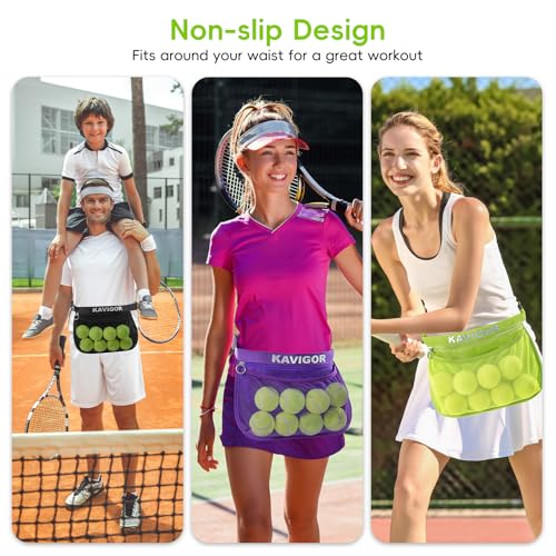 KAVIGOR Tennis & Pickleball Ball Holder Waist Pouch Holds 8-10 Balls, Multi-Functional Sports Belt Bag with Zipper Pocket and Carabiner - color: Green