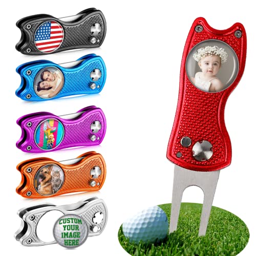 ubmpj Custom Golf Divot Tool Kits with Ball Markers, Personalized Foldable Divot Tool with Your Photo/Logo Multi-Colors/Markers Pop-up Button for Golfers