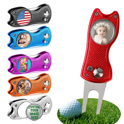 ubmpj Custom Golf Divot Tool Kits with Ball Markers, Personalized Foldable Divot Tool with Your Photo/Logo Multi-Colors/Markers Pop-up Button for Golfers