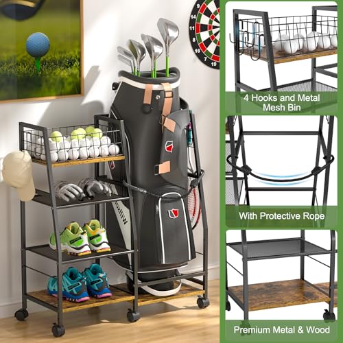 DAOUTIME Golf Bag Garage Storage Rack with Wheels, Organizer for Single Golf Bag and Equipment Accessories, Ideal for Home, Garage, Club, Shed, Basement - Sturdy Wood and Metal Construction (Black)