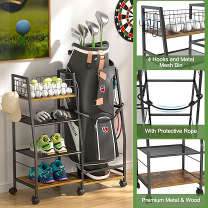 DAOUTIME Golf Bag Garage Storage Rack with Wheels, Organizer for Single Golf Bag and Equipment Accessories, Ideal for Home, Garage, Club, Shed, Basement - Sturdy Wood and Metal Construction (Black)