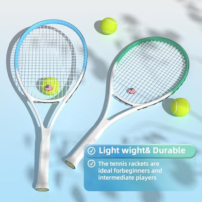Adult 2 Player Tennis Racket Perfect for Beginner and Professional Players, 27” Speed Tennis Racquet Include Tennis Balls, Overgrips, Tennis Bag, Vibration Dampe, Cover - color: 2 Pcs White Blue Green
