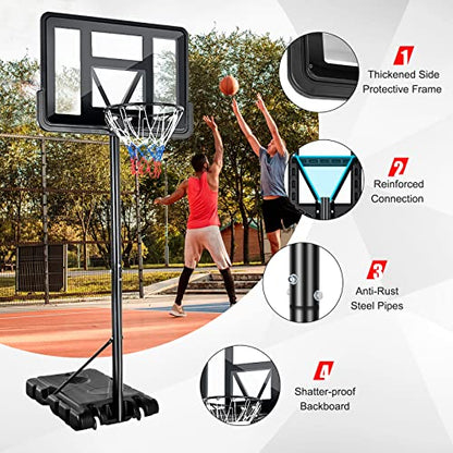 GYMAX Portable Basketball Hoop Outdoor, 10FT Height Adjustable Basketball Goal w/Shatterproof Backboard & Built-in Wheels for Kids Youth Adult
