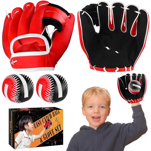 Aodaer 2 Pack T Ball Sets Baseball Glove and Ball Set for Teenager Easy Catch, Yard Lawn Game, Baseball Play - Black and Red