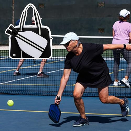 ROYALFAIR Pickleball Tote Bag for Women Men Large Capacity with Paddle Cover Pocket and Adjustable Shoulder strap - color: Black