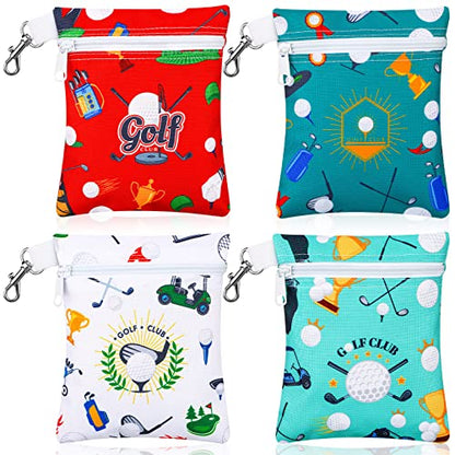 Silkfly 4 Pcs Golf Tee Bag 5.62 x 6.87 Inch Zipper Pouch Tee Holder Pouch with Metal Lobster Claw Clip Gifts Accessories for Men Women Golf Lover Player, 4 Styles(Stylish)