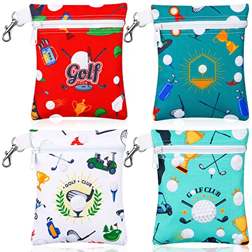 Silkfly 4 Pcs Golf Tee Bag 5.62 x 6.87 Inch Zipper Pouch Tee Holder Pouch with Metal Lobster Claw Clip Gifts Accessories for Men Women Golf Lover Player, 4 Styles(Stylish)