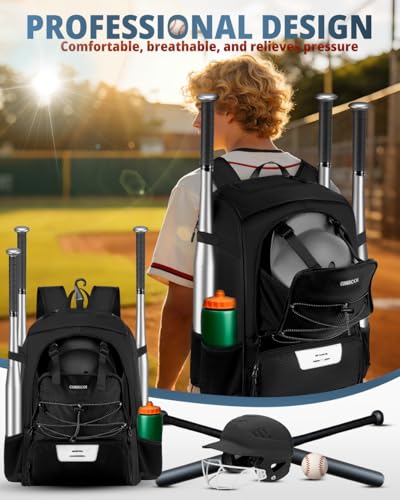 COMECOI Baseball Bag, Baseball Backpack with Helmet Shoes Bag for Youth, Adult, Lightweight Softball Bag with Fence Hook Hold TBall Bat, Baseball Glove, Helmet, Caps, All Gear