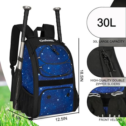 Goloni Youth Baseball Bag,Baseball Backpack with Shoes Compartment,Softball Bag with Fence Hook for T-Ball Bat & Equipment - color: Starry Sky Blue