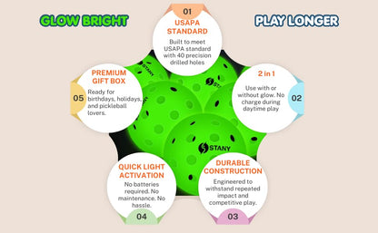 STANY Glow-in-the-Dark Pickleball Balls, Luminous, USAPA Standard, Indoor/Outdoor, 40 Holes, Ultra Visible, Nighttime Play, Unique Gift for Pickleball Lovers –6 Pack, Glows Green