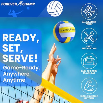 Forever Champ Volleyball Net for Backyard, Beach, Home, Includes 32x3 Ft Regulation Size Net, 8.5-Inch PU Volleyball, Carrying Bag, Boundary Lines, Steel Poles & Pump, Portable Volleyball Net Outdoor