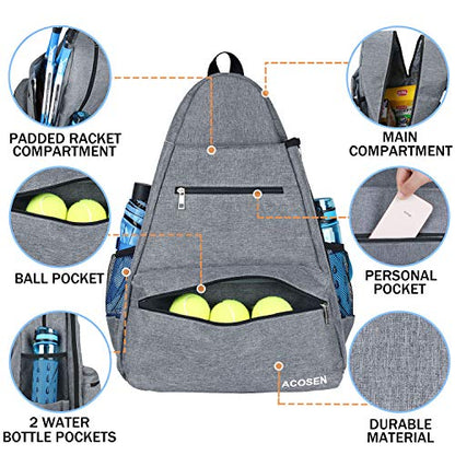 ACOSEN Tennis Bag Tennis Backpack - Large Tennis Bags for Women and Men to Hold Tennis Racket,Pickleball Paddles, Badminton Racquet, Squash Racquet,Balls and Other Accessories - color: Gray