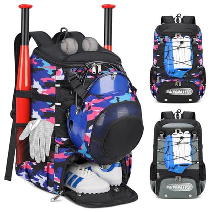 RAINSMORE Baseball Bag for Youth & Adult Lightweight Softball Bat Bag with Shoe Compartment, External Helmet Holder and Fence Hook Waterproof Baseball Backpack Hold T-Ball, Bat and Softball Equipment - color: Pink Camouflage