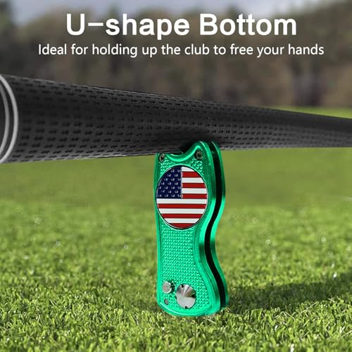 FINGER TEN Golf Divot Repair Tool and Ball Marker Switchblade Value Pack, Foldable Magnetic Stainless Steel with Pop-up Button for Men Women - color: 2 in Green+2 Ball Marker
