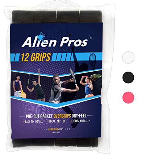 ALIEN PROS Tennis Racket Grip Tape - Precut and Dry Feel Tennis Grip - Tennis Overgrip Grip Tape Tennis Racket - Wrap Your Racquet for High Performance - color: 12-Pack Black