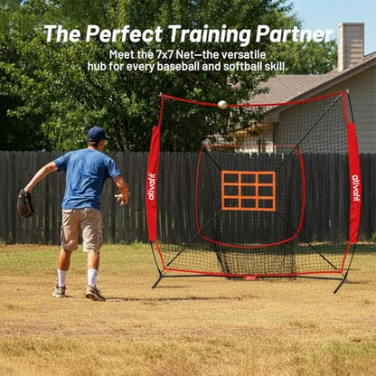 Ativafit 7x7 Baseball Practice Net - Portable Pitching & Batting Training Net with Hung Net*2 - Easy Setup Baseball Net - Includes, Practice Balls*3, Batting Tee*1, Carry Bag*1 - color: RED