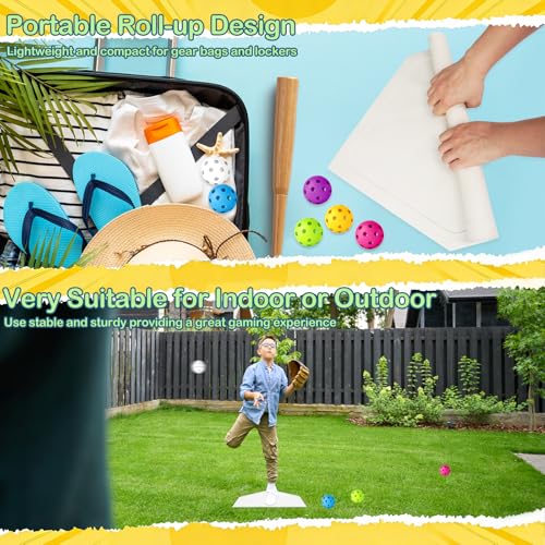 Mototo 7-Pieces Rubber Baseball Bases Set, 16 in Throw Down Home Plate with Plastic Practice Softballs Baseball Rubber Bases for Yard Backyard School Kickball Tball Field Batting Training - style: White, Multicolor Balls