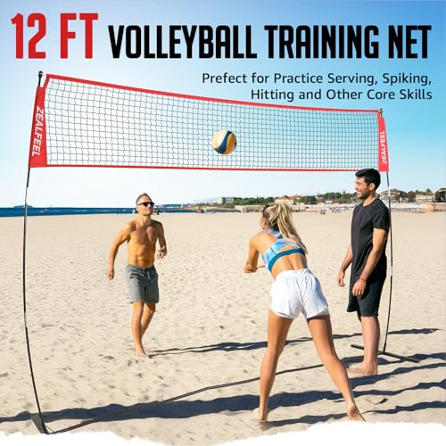ZEALFEEL Volleyball Net, 12FT Training Set with 3-Level Adjustable Height (8'/7.4'/6.6'), Freestanding Portable Practice Net for Backyard, Serving & Spiking Drills, with Carry Bag for Outdoor & Indoor - style: 12FT Volleyball Net Set 3-Height Adjustable