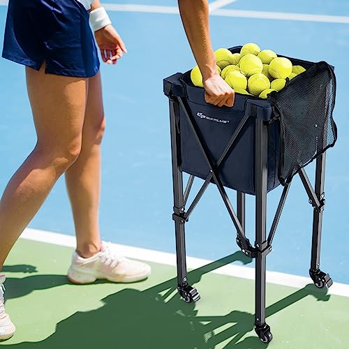 Goplus Foldable Tennis Ball Hopper, Lightweight Aluminum Tennis Ball Basket with Wheels, Removable Bag, Side Pockets, Carry Bag, Portable Sports Teaching Cart Holds 150 Tennis Balls