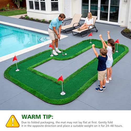 Modular Interlocking Golf Putting Green, 5 x 9.5 ft Golf Practice Putting Mat Professional Golf Training Mat with 5 Flags 3 Movable Cups 6 Golf Balls, for Indoor Outdoor Backyard Home Office