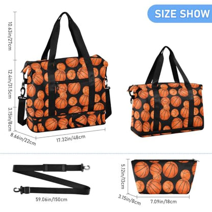 ALAZA Basketball Ball Black Travel Duffel Bag Tote Bag Multi Compartment Weekender Overnight Bag with Wet Pocket for Travel Men Women