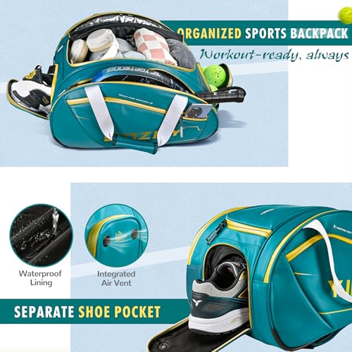 Pickleball Bag 30L, Waterproof Silk-PU Leather Sports Duffle Backpack with Shoe Compartment, Thermal Racket Pocket, Holds 2 Paddles & Balls, Gym Travel Pickleball Equipment Bag