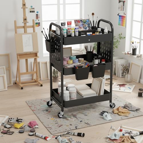 danpinera Craft Cart, Black Rolling Cart with Retractable Dividers & DIY Pegboards for Kitchen, Bedroom, Laundry - color: Black, size: with Dividers