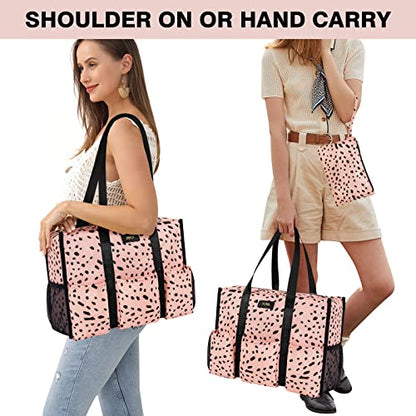 IBFUN Utility Tote Bag with 24 Pockets, Large Teacher Tote for Women with Laptop Compartment, Travel Tote Bag with Zip Top - color: A2-m-pink Leopard, size: Medium