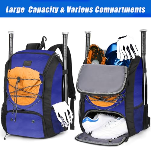 MATEIN Baseball Backpack, Softball Bat Bag with Shoes Compartment for Youth, Boys and Adult, Lightweight Baseball Bag with Fence Hook Hold TBall Bat, Batting Mitten, Helmet, Caps, Teeball Gear - color: Blue, size: 29L