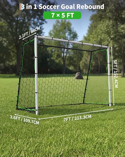 7x5 FT 3-in-1 Soccer Rebounder Net for Backyard with Soccer Goal, Heavy Duty Steel Large Soccer Goal Training Equipment, High & Low Rebounder Net for Passing & Shoot Practice, for Kids&Adults,White