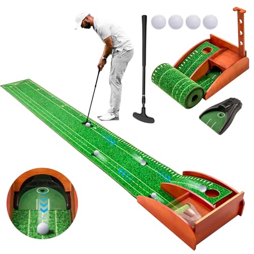 Golf Putting mat with Auto Ball Return, Putting Green Indoor, Crystal Velvet Mat and Solid Wood Base, Game Practice Golf Gifts for Home, Backyard, Office