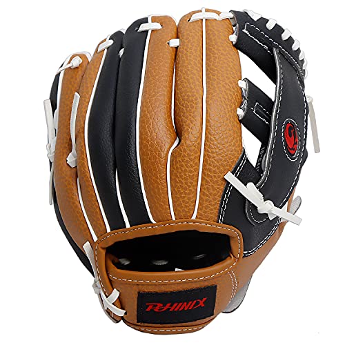 PHINIX Tee Ball Glove with Soft Baseball for Kids Play & Training 8.5"-10" - color: Right Hand Throw-Black/Brown/White, size: 9 "