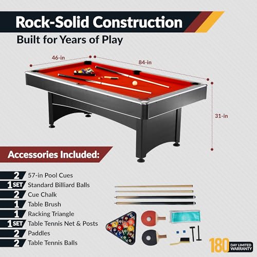 Hathaway Maverick 7 Foot Pool Table with Table Tennis Top – with Accessories for Both Games – Space-Saving Ping Pong and Pool Table Combo for Families – Matte Black Finish - color: Black with Red Felt