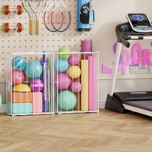 Garage Ball Storage, Wall-Mounted & Floor Ball Holder with Elastic Rope, Sports Equipment Organize Ball Rack for Basketball, Soccer, Volleyball, Football, Garage, Gym, White
