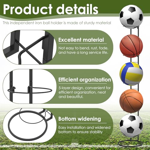 Ball Storage Rack 5 Tier Garage Sports Equipment Organizer Basketball Racks Vertical Removable Metal Ball Stand High Weight Capacity for Basketball Football Volleyball 45.5 x 9.3 Inch