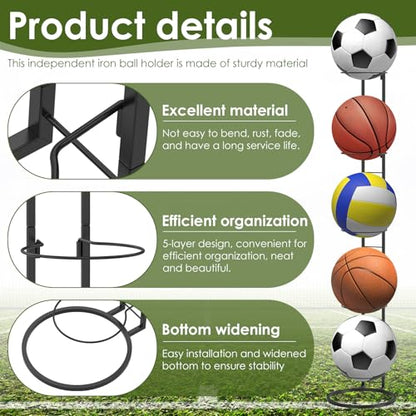 Ball Storage Rack 5 Tier Garage Sports Equipment Organizer Basketball Racks Vertical Removable Metal Ball Stand High Weight Capacity for Basketball Football Volleyball 45.5 x 9.3 Inch