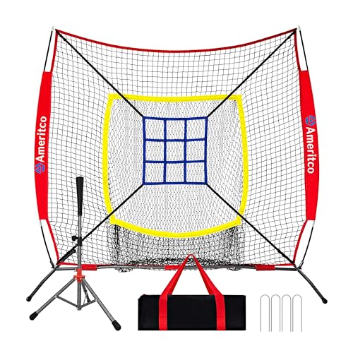 Baseball Net，7x7ft Baseball Practice Net with Tee and Target, Large Pocket Sports net for Hitting/Batting/Pitching/Throwing,Scratch Resistant Base, Versatile Use for All Levels - color: Red