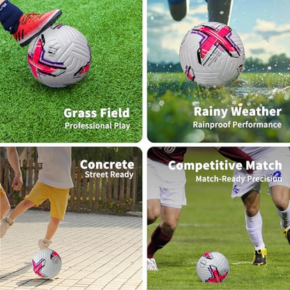 Soccer Ball Size 5 with Pump, Waterproof PU Leather - Professional Training & Official Match Ball, Includes Inflation Needle & Net Storage Bag