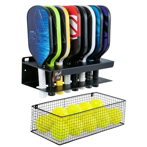 MyGift Premium Metal Pickleball Paddle Rack with Ball Basket & Magnetic Next Up Marker – Wall Mounted or Fence Hanging Pickleball Organizer, Holds up to 8 Paddles – Indoor & Outdoor Court Storage