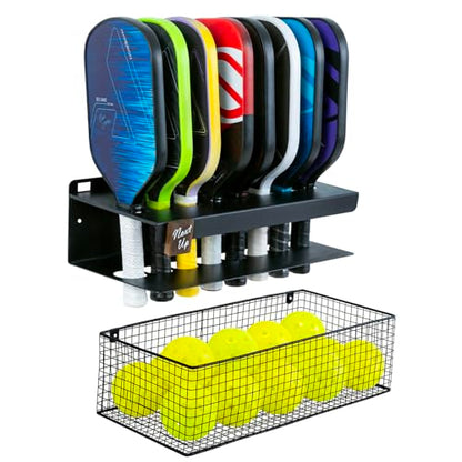 MyGift Premium Metal Pickleball Paddle Rack with Ball Basket & Magnetic Next Up Marker – Wall Mounted or Fence Hanging Pickleball Organizer, Holds up to 8 Paddles – Indoor & Outdoor Court Storage