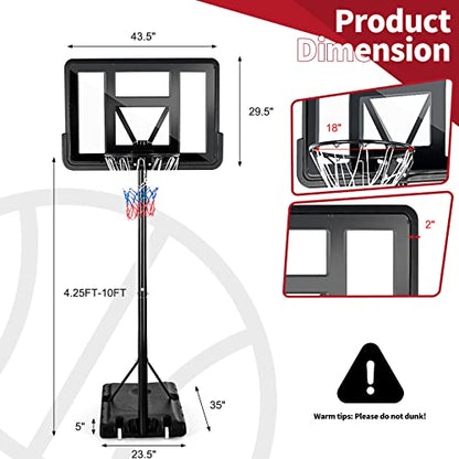 Giantex Portable Basketball Hoop Outdoor, 4.25-10ft Height Adjustable Basketball Goal System w/ 43.5" Shatterproof Backboard, Fillable Base, Indoor Basketball Hoop for Kids/Adults/Backyard/Driveway