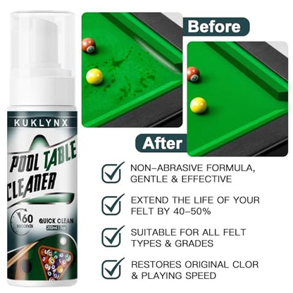 Foam Billiard Tables Cleaner Spray with 2 Pool Table Brushes, 1 Static Gloves, 1 Cloth - Essential Pool Table Cleaning Kit & Billiards Pool Table Accessories Kit for Billiards Players