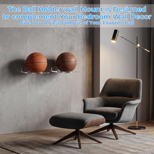 4 Pcs Basketball Holder Wall Mount, Acrylic Ball Display Rack Wall Mount Clear Sports Ball Storage Hanger for Football Soccer Volleyball Rugby
