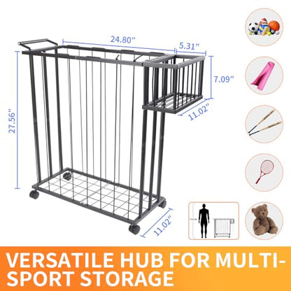 Multi-Sport Ball Storage Cart with Side Basket for Gloves & Tennis; Gravity-Access Elastic Straps for Kids; Rolling Garage Organizer Rack for Basketballs, Soccer & Yoga Mats - Multi-Athlete Families